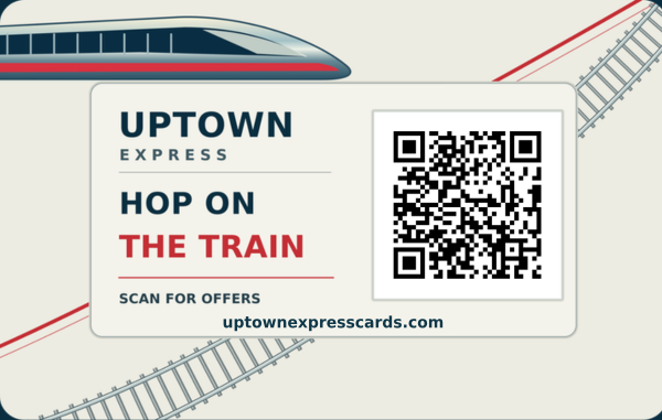 Back of the Uptown Express card with its train artwork and QR code for uptownexpresscards.com